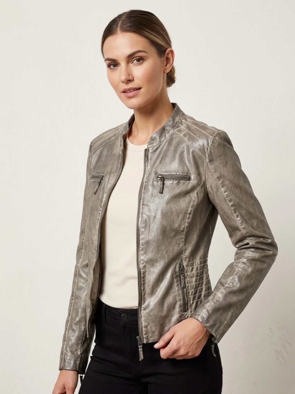Mavi Faux Leather Moto Jacket Distressed Grey Vegan Leather